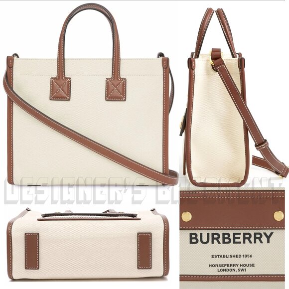 BURBERRY ivory Canvas FREYA Horseferry Logo Leather trim Crossbody Tote Bag NWT - Picture 4 of 11